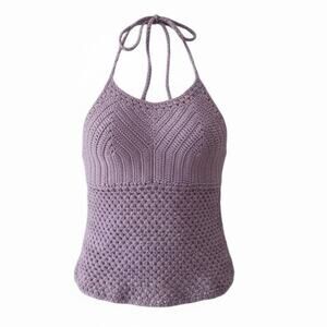 Vintage Bisou Bisou Purple Crochet Tank Halter Top Y2K Boho 90s Sz S